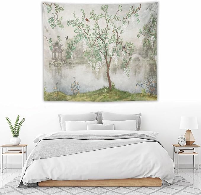 HZOHNAGO Japanese Tapestry Tree Misty Garden Lake Printed Wall Tapestry Ink Painting Wall Hanging for Bedroom Living Room Dorm 60" W x 50" H-Ruum Studio Home