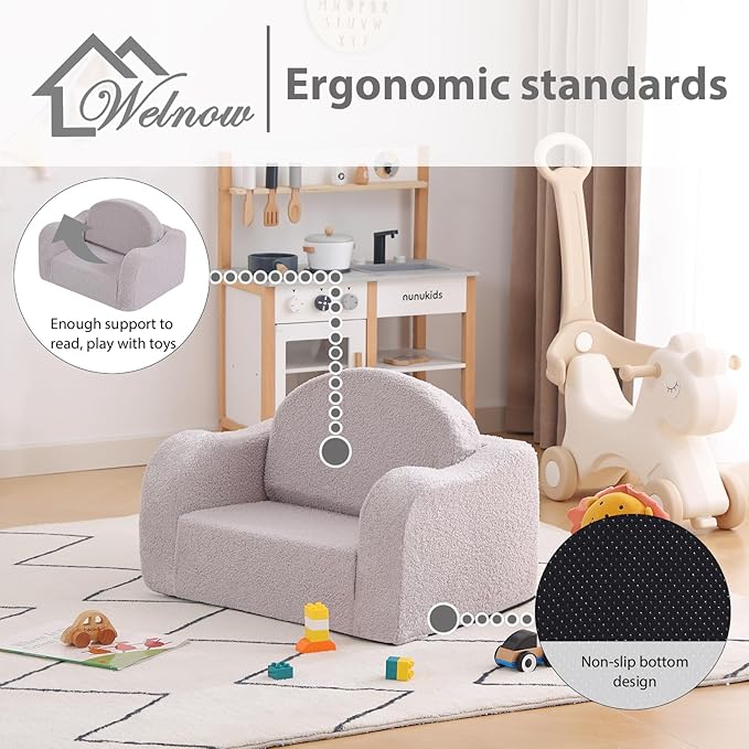Welnow 2-in-1 Kids Sofa Chair, Convertible Toddler Chair Flip Out Children Sofa Chair with Wave Armrests Folding Kids Play Sofa with Side Pockets & Removable Cover Armchair for Girl or Boy-Ruum Studio Home