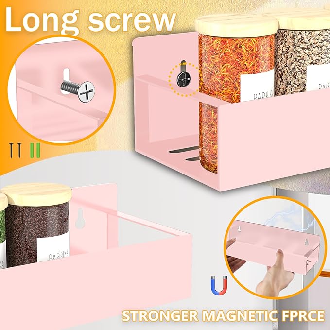 Magnetic Spice Rack Organizer for Fridge Seasoning Organizer for Kitchen Storage With Screw Magnetic Shelf for Oven, RV,Garage,Bathroom (Pink, 4pack)-Ruum Studio Home