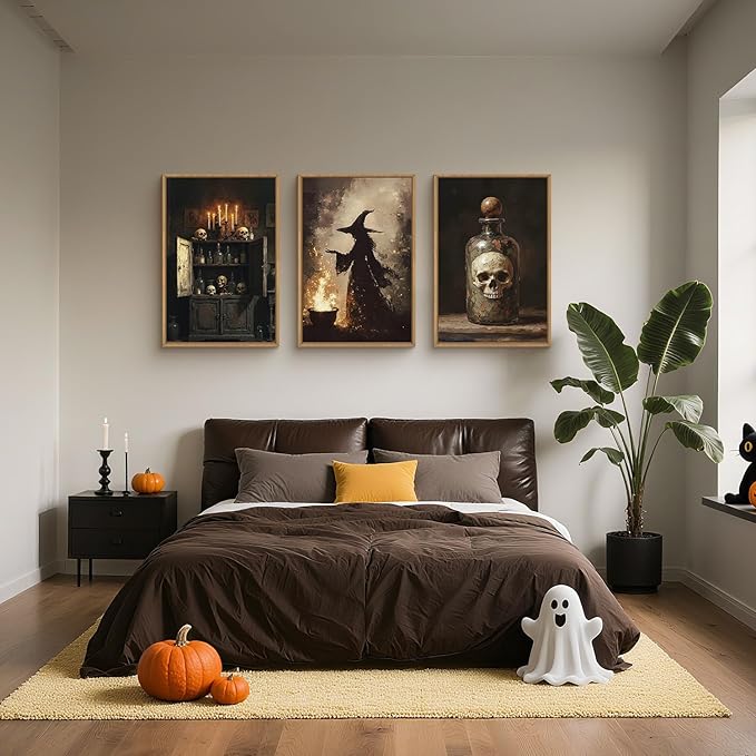 HPNIUB Halloween Witch Framed Canvas Wall Art Set, Terrifying Skeleton Poster Artwork, Vintage Halloween Wall Decor, Dark Academia Gothic Pictures for Bedroom Living Room Bathroom Party-16 x24 x3-Ruum Studio Home