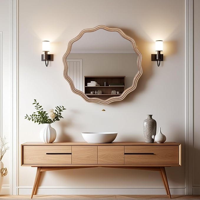Round Mirror Vanity Mirrors for Bathroom with Wavy Wood & Beaded Frame - Wall Mirrors for Living Room,Entry Mirrors for Wall,Decorative Mirror-Ruum Studio Home