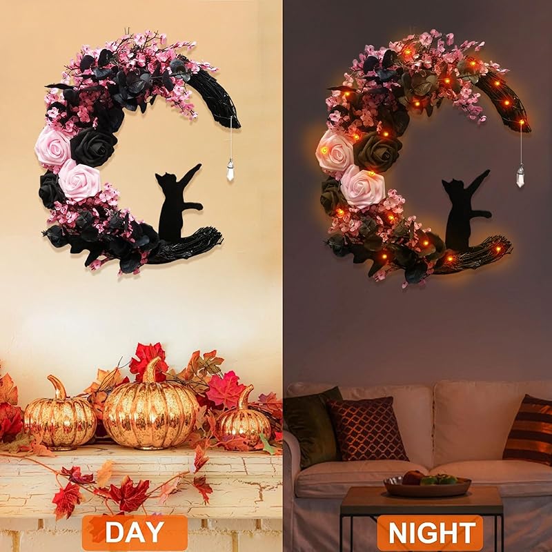 Halloween Wreaths for Front Door with Lights, Black Cat on Moon Garland with Rose Wreath Decor, Halloween Decorations Crescent Moon Wreath for Home Party Window Wall Indoor Outdoor (pink moon cat)-Ruum Studio Home