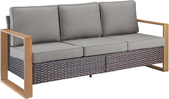 Outdoor Couch Wicker Patio Sofa, Rattan Patio Furniture Sofa with Sturdy Frame,All-Weather PE Wicker,Wide Armrest,Deep Seating and Thick Cushions for Deck Porch Garden(Brown/Grey)-Ruum Studio Home