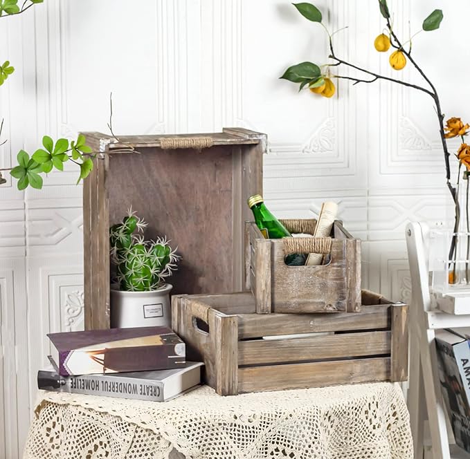 TIMRIS Set of 3 Rustic Wood Nesting Crates, Farmhouse Wooden Storage Container Boxes with Cutout Handles, Decorative Wooden Baskets for Display (Rustic Gray)-Ruum Studio Home