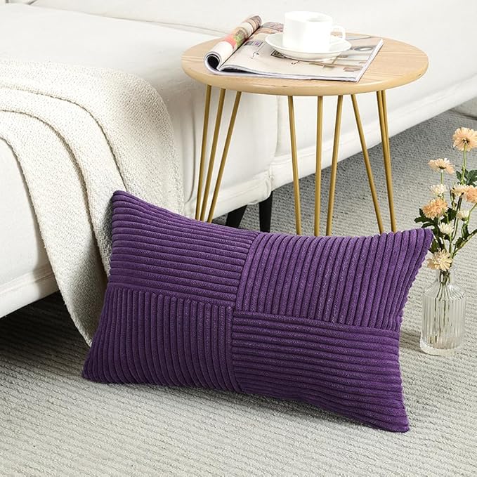 Fancy Homi 2 Packs Purple Lumbar Decorative Throw Pillow Covers 12x20 Inch for Living Room Couch Bed, Farmhouse Boho Home Decor, Soft Striped Corduroy Rectangle Accent Cushion Case 30x50 cm-Ruum Studio Home
