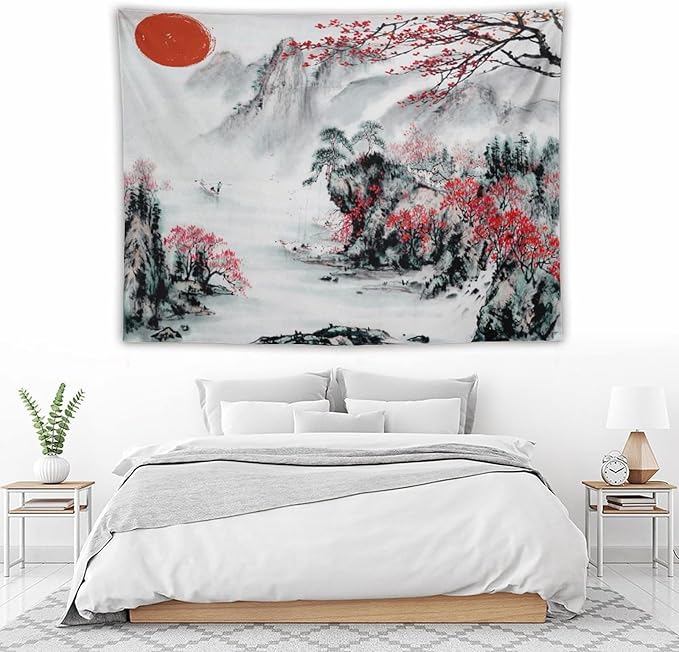 Cherry Blossoms Tapestry,Japanese Red Landscape Asian Watercolor Abstract Art Tapestry, Asian Japanese Wall Tapestry, Nature Landscape Tapestries for Bedroom Living Room Decor 80"x60"-Ruum Studio Home