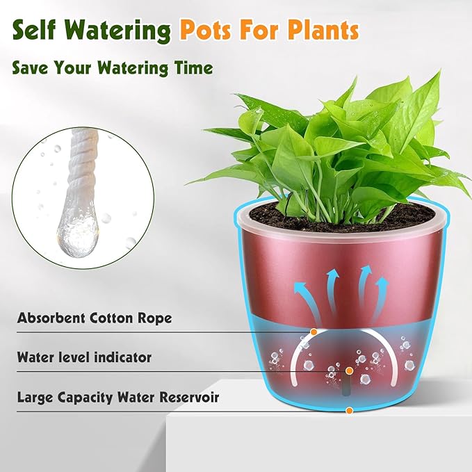 Self Watering Pots for Indoor Plants, 4-Pack 6.7'' Self Watering Planter with Drainage Holes, Small African Violet Pots with Water Indicator, Clear Wick Orchid Pot, Rose Gold-Ruum Studio Home