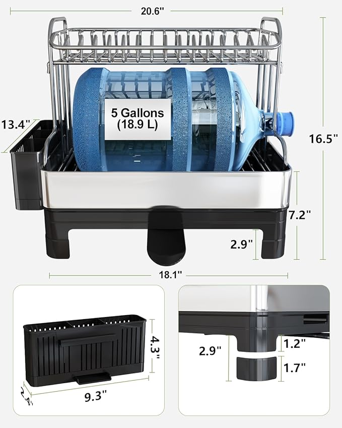 BOOSINY Extra Large Stainless Steel Dish Drying Rack, 2 Tier Dish Racks for Kitchen Counter, Dish Drainer with Drainboard Set, Full Size Dish Dryer Rack with Utensil Holder, Black-Ruum Studio Home