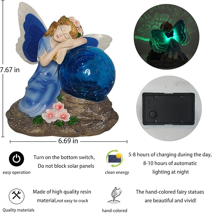 Fairy Garden Statue ，Solar Garden Decor ，Fairy Statue Outdoor with Glass Ball ，Waterproof Outdoor Decor，Suitable for Yard, Lawn ，Ideal for Holiday Giving（Blue）-Ruum Studio Home