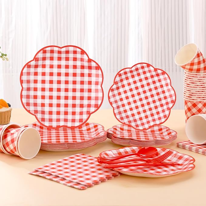 350 Pcs Red Gingham Plates and Napkins Party Supplies - Red and White Checkered Plates Sets Serve 50 Guests - Scalloped Gingham Paper Plate for Birthday Picnic Wedding Christmas Party Decorations-Ruum Studio Home