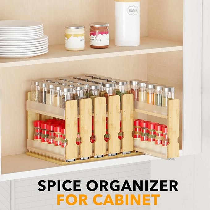 SpaceAid Bamboo Pull Out Spice Rack Organizer for Cabinet, Heavy Duty Slide Out Seasoning Kitchen Pantry Sliding Vertical Organization, 5.1" Wide, 2 Drawers(2" Wide), 2-Tier, Natural-Ruum Studio Home