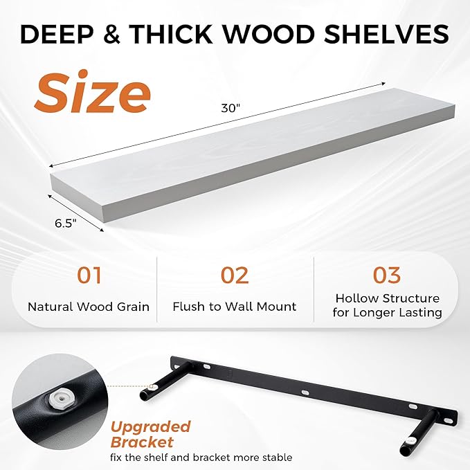 Fun Memories Floating Shelves for Wall, 30" Rustic Wood Deep Wall Mounted Shelves with Invisible Brackets for Decor & Storage, Floating Shelf for Living Room, Bathroom (White, Set of 2)-Ruum Studio Home