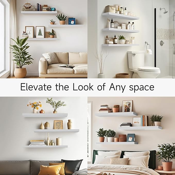 BAYKA Floating Shelves for Wall, 36 inches Wall Mounted Rustic Wood Shelves for Bathroom, Bedroom, Living Room, for Storage/Decor with 30lbs Capacity（White,Set of 3-Ruum Studio Home