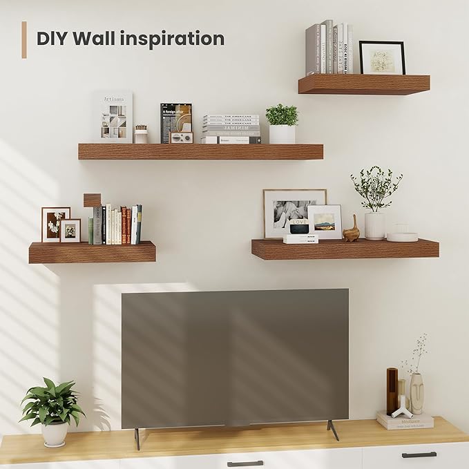Heimlove 12" Deep Floating Shelves, 36 x 12 Inch Wall Mounted Long Floating Shelf with Invisible Brackets, for Home Decor, Bedroom, Kitchen, Living Room, Bathroom - 2 Pack, Walnut-Ruum Studio Home