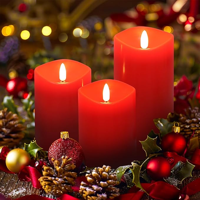Red Flameless Candles with Remote, Flickering Battery Operated Candles with Timer, Real Wax LED Pillar Fake Candles for Christmas Party Home Decor, Set of 3-Ruum Studio Home