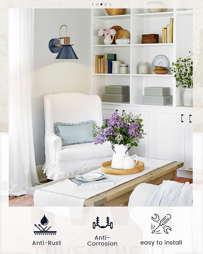 Industrial Wall Sconces Set of Two, HWH Indoor Wall Sconce 1-Light Barn Vanity Light, Gooseneck Wall Lamp for Bathroom Bedroom Bedside Kitchen, Hammered Metal Shade, Navy Blue Finish, 5HZG74B-2 BL+BG-Ruum Studio Home