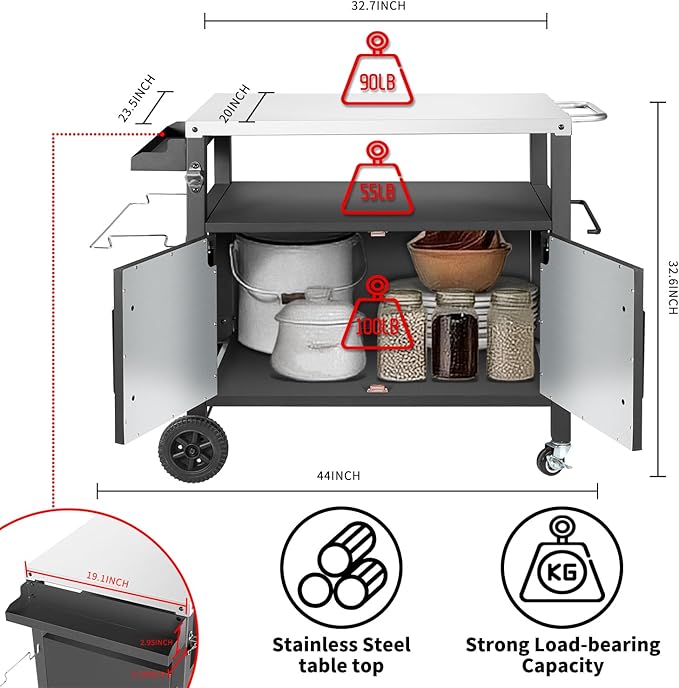 Grill Cart Table with Big Storage Cabinet, Movable Outdoor Dining Cart Pizza Oven Stand, Kitchen Cart Island Multifunction Food Prep Table Stainless Steel Surface-Ruum Studio Home