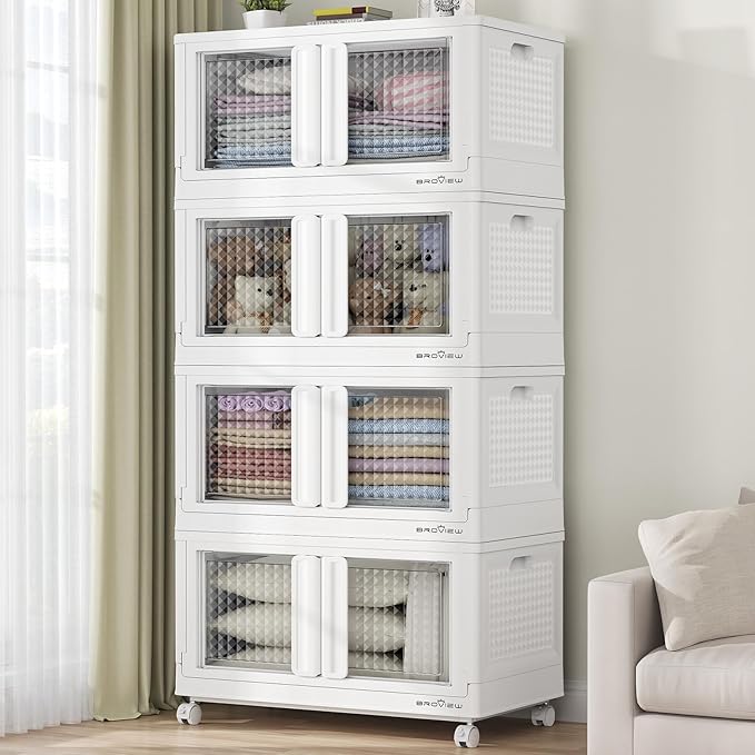 400Qt Stackable Storage Bins with Lids, 100Gal Closet Organizers and Storage Drawer, Plastic Collapsible Storage Bins with Doors, Heavy Duty Store Box Cabinet for Home Kitchen, 4Pack White-Ruum Studio Home