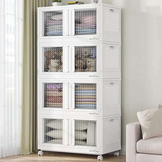 400Qt Stackable Storage Bins with Lids, 100Gal Closet Organizers and Storage Drawer, Plastic Collapsible Storage Bins with Doors, Heavy Duty Store Box Cabinet for Home Kitchen, 4Pack White-Ruum Studio Home