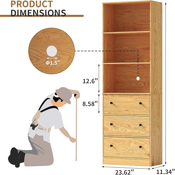 71" Tall Bookshelves Set of 2, Bookcases with Drawers, Bookshelves with Storage, Wooden Bookshelf with 3 Drawers & 3-Tier Open Shelves,Home Decor Furniture for Living Room,Bedroom,Home,Natural-Ruum Studio Home