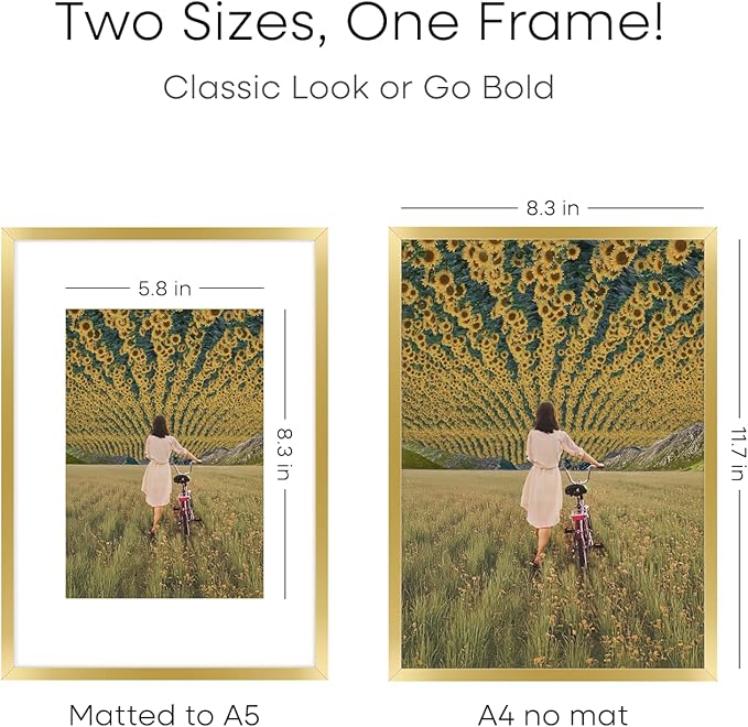 Homeforia A4 Gold Picture Frame, High End Metal 8.3 x 11.7 Frames for Wall or Tabletop, Gold A4 Certificate Frame with Mat A5, 8.3x11.7 Frames Matted to 5.8x8.3 Art, Tempered Glass, Wall Kit, Set of 1-Ruum Studio Home