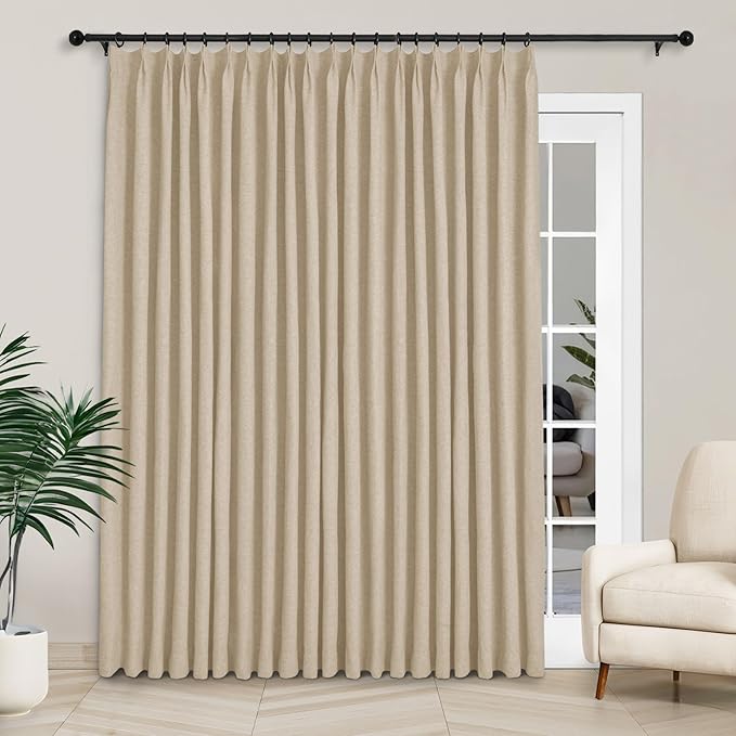 Macochico 120”Wx102”L 100% Blackout Linen Curtains Pinch Pleated Thermal Panels for Sliding Door Bedroom Living Room Farmhouse Shabby Chic Sand Beige Burlap Curtains with Tieback 1 Panel-Ruum Studio Home