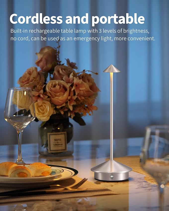 Modern Cordless Table Lamp Set of 2, Portable LED Desk Lamps, 5000mAh Rechargeable Battery Operated Lighting for Bedroom Dining Room Restaurant Coffee Shop Camping Night Light (Brushed Nickel)-Ruum Studio Home