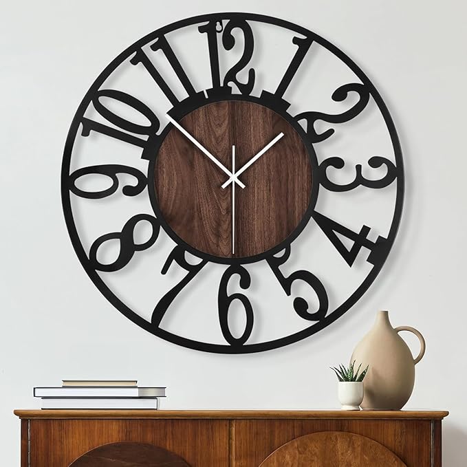 Maxstar Large Round Wall Clock for Living Room Decor Battery Operated Non Ticking Black Metal Wood Clocks for Home Living Room Garden Farmhouse Office Kitchen Decoration -24 inch-Ruum Studio Home