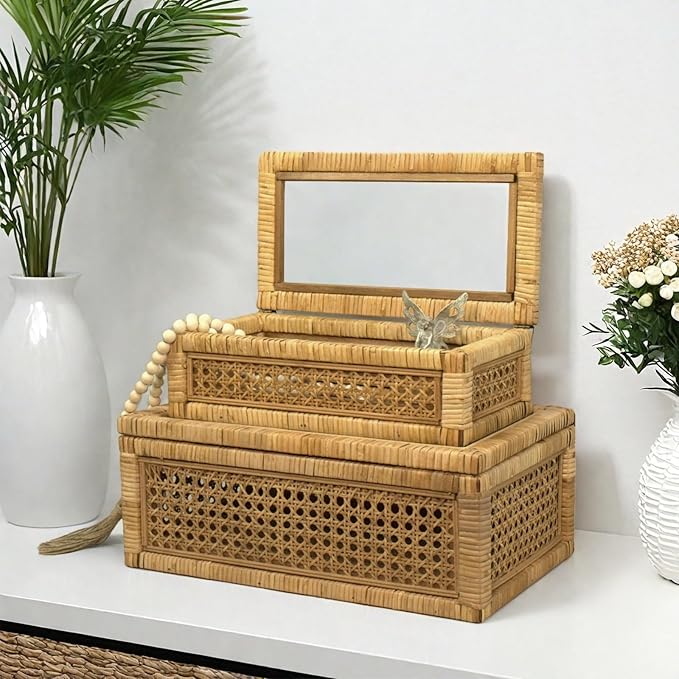 Rattan Box for Home Decor with Lid - Rectangular Coastal Bohemian Style Stackable Decorative Storage Box Set - Handmade from Natural Rattan, Cedar & Real Glass-Ruum Studio Home