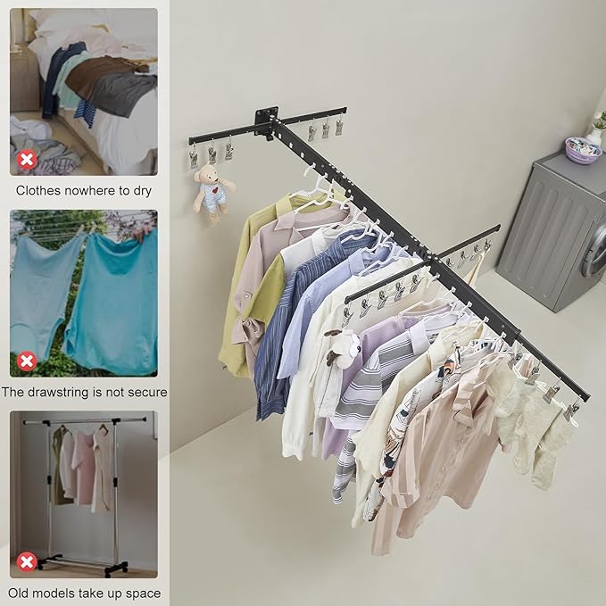 BESy Tri-Fold Foldable Clothes Drying Rack Retractable Hanging Collapsible Dryer Hanger Racks for Laundry Balcony Bathroom Space Saver Outdoor Indoor 20 Clips Aluminum Alloy Wall Mounted Matte Black-Ruum Studio Home