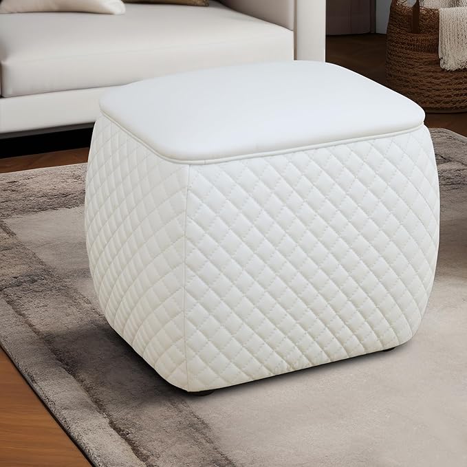 Ottoman Rectangular Storage Ottoman Bench, Faux Leather Footrest, Stool Footstool for Living Room, Bedroom, Entryway, White, 19.5"x15.5"x18"-Ruum Studio Home