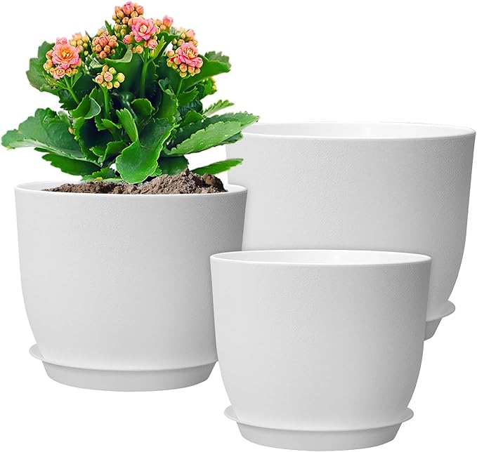 9/8/7.5 inch Flower Pots, Set of 3 Modern Decorative Plastic Planters with Drainage Holes and Saucers, Plant Pots for Indoor Outdoor Plants, White-Ruum Studio Home