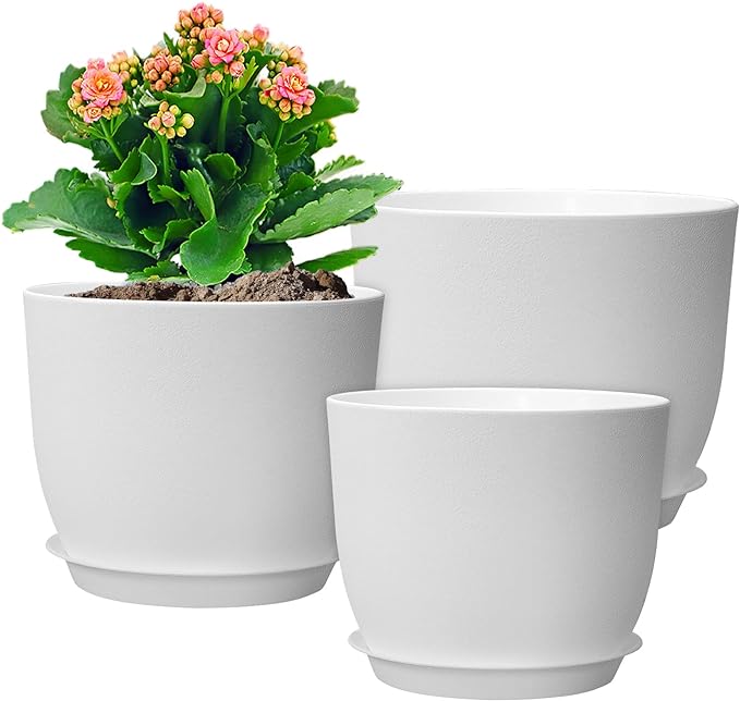 10/9/8 inch Medium Flower Pots, 3 Pack Modern Decorative Plastic Planters with Drainage Holes and Tray, Plant Pots for Indoor Outdoor Plants, White-Ruum Studio Home