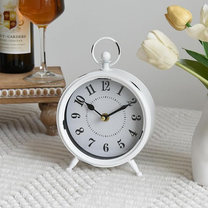 Small white table clock Vintage Rustic White Table Clock on Stand, Decorative Desk and Shelf Clock Farmhouse Mantel Clock Rustic Non-Ticking Clock-Ruum Studio Home