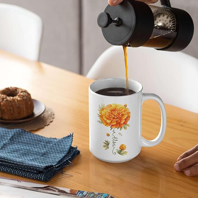 Unique Marigold Themed Ceramic Mug, Personalized Name Flower Accent Cup, Lovely Floral Coffee Mug 11oz 15oz, Custom Ceramic Mug For Flower Lover, Customized Marigold Decorative Cup-Ruum Studio Home
