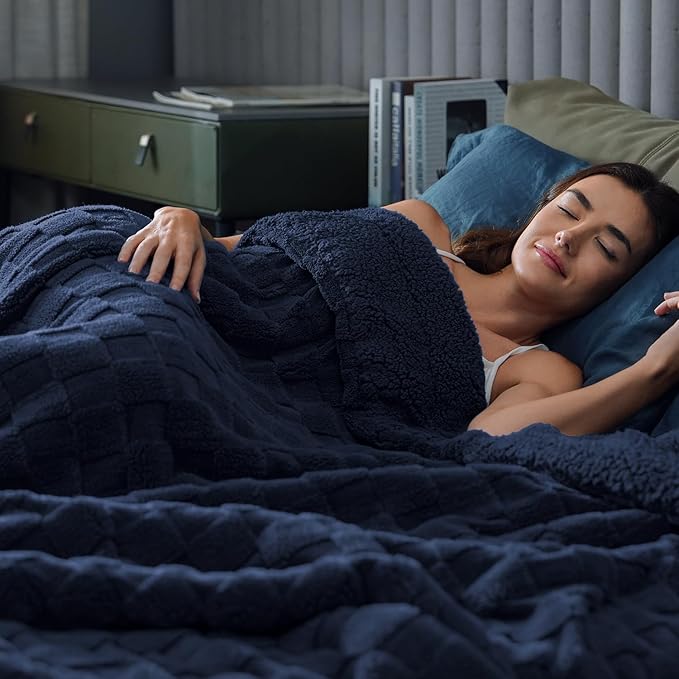 Pawque Super Soft Cozy Throw Blanket Queen Size for Couch Bed, Fluffy Sherpa Fleece Reversible Thick Warm Fuzzy Blanket for All-Season, 3D Checkered Jacquard Decorative Blankets, Navy Blue, 90"x90"-Ruum Studio Home