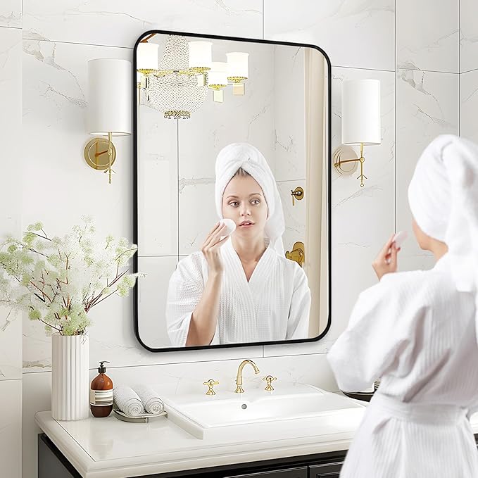 Fabuday Black Wall Mirror for Bathroom Over Sink - 20x30 Matte Metal Framed Rectangle Mirror, Rounded Rectangular Vanity Mirrors for Living Room, Bedroom, Entryway, Hallway, Horizontally/Vertically-Ruum Studio Home