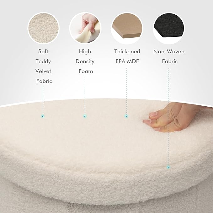 B FSOBEIIALEO Storage Ottoman Cube, Round Ottomans with Storage Foot Stool Footrest for Lving Room, Boucle Ottoman Seat for Dorm Room,Faux Teddy Fur, Cream White 15"x15"x15"-Ruum Studio Home