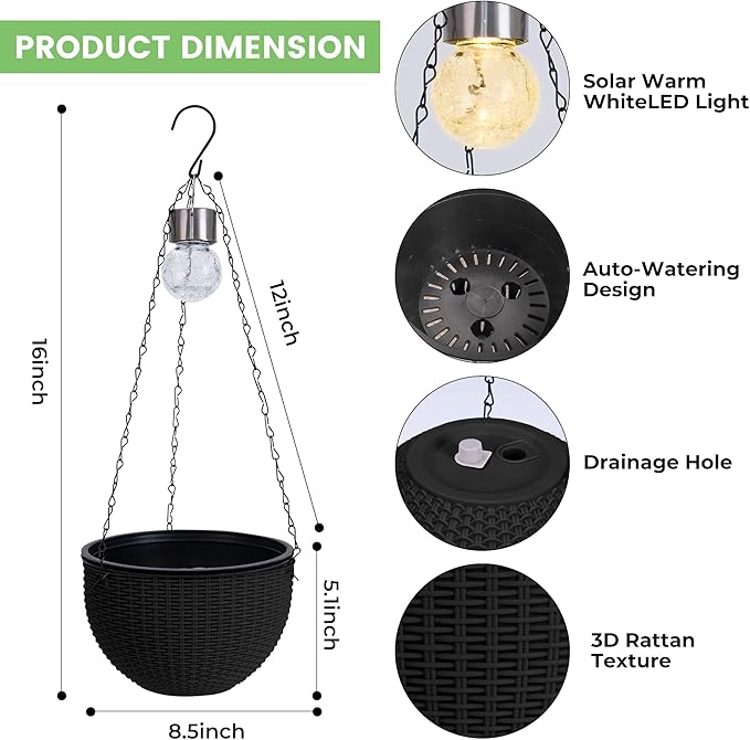Hanging Baskets for Plants Outdoor - 2 Pack Black Plastic Solar Flower Pots with Drainage Holes & Removable Saucer, Self-Watering Hanging Planters for Garden, Porch, Balcony, Patio-Ruum Studio Home
