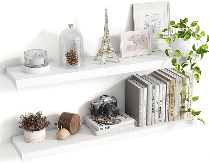 36 Inch Floating Shelves, 8 Inch Deep Floating Shelves for Wall, Hanging Shelf with Invisible Brackets, Deep Shelves for Bathroom, Bedroom, Living Room, White, Set of 2-Ruum Studio Home
