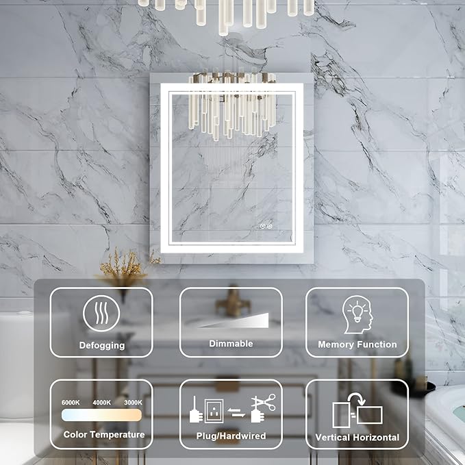 WELLFOR LED Bathroom Vanity Mirror 20 x 28 Inch, Lighted Anti-Fog Dimmable Mirror, IP44 Waterproof Wall Mounted Makeup Mirror, Packed with US Standard Plug and Touch Switch, (Horizontal/Vertical)-Ruum Studio Home