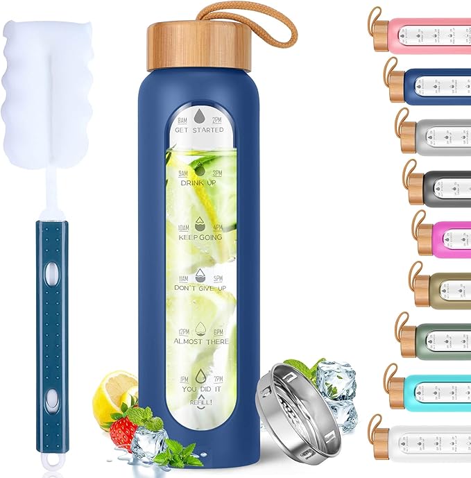 Aqulea Glass Water Bottles 25 Oz with Silicone Sleeve - BPA Free Reusable Wide Mouth Glass Motivational Water Bottles with Fruit Infuser – Leak Proof Borosilicate Water Bottle with Time Marker (Blue)-Ruum Studio Home