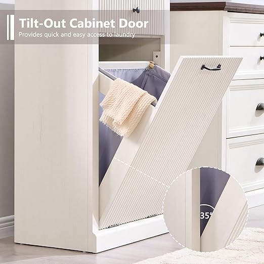 Modern Tilt-Out Trash Can Cabinet, 10 Gallon Fluted Laundry Hamper Cabinet with Drawers, Wooden Hidden Garbage Can Cabinets with Storage Basket, Free Standing for Kitchen and Living Room, White-Ruum Studio Home