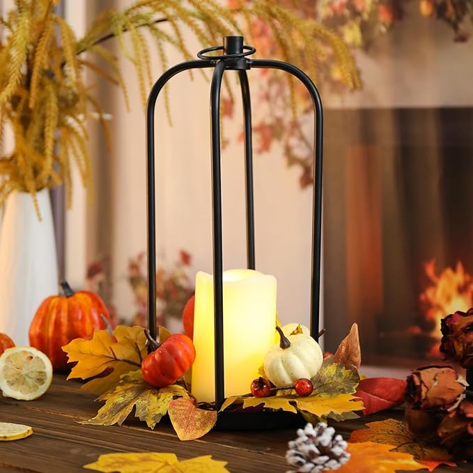 Fall Decor Lanterns Outdoor, 14" Waterproof Decorative Lantern Indoor Decor Metal Hanging Candle Holder LED Flameless Candle Lantern for Patio, Porch, 2 Packs-Ruum Studio Home
