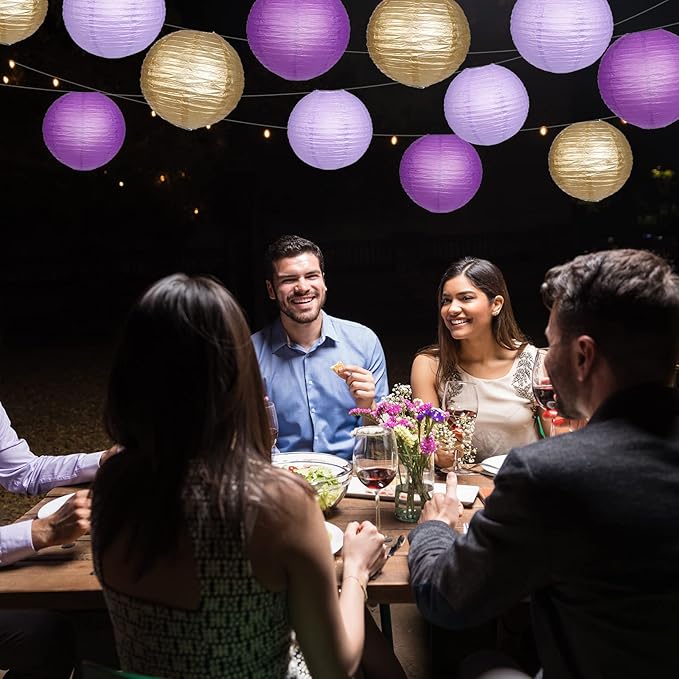 Paper Lanterns Decorative, Purple Lavender Gold Hanging Round Chinese Lanterns with Lights for Graduation Bachelorette Theme Birthday Party 12 LED Light Pack of 12-Ruum Studio Home