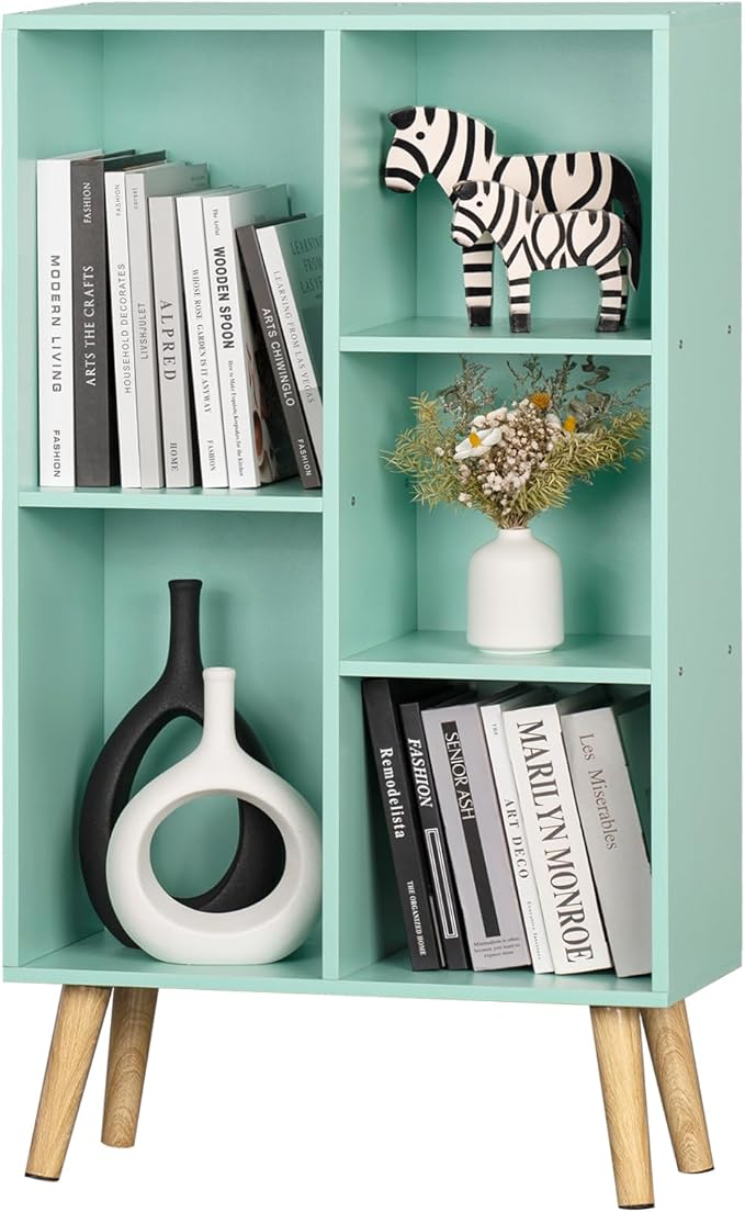 LEYAOYAO 5 Cube Bookshelf 3-Tier Bookcase with Legs,Mint Green Kids Book Shelf Cute Storage Organizer,Free Standing Open Toy Shelves Wood Bookshelves,Display Bookcases for Bedroom,Living Room,Nursery-Ruum Studio Home