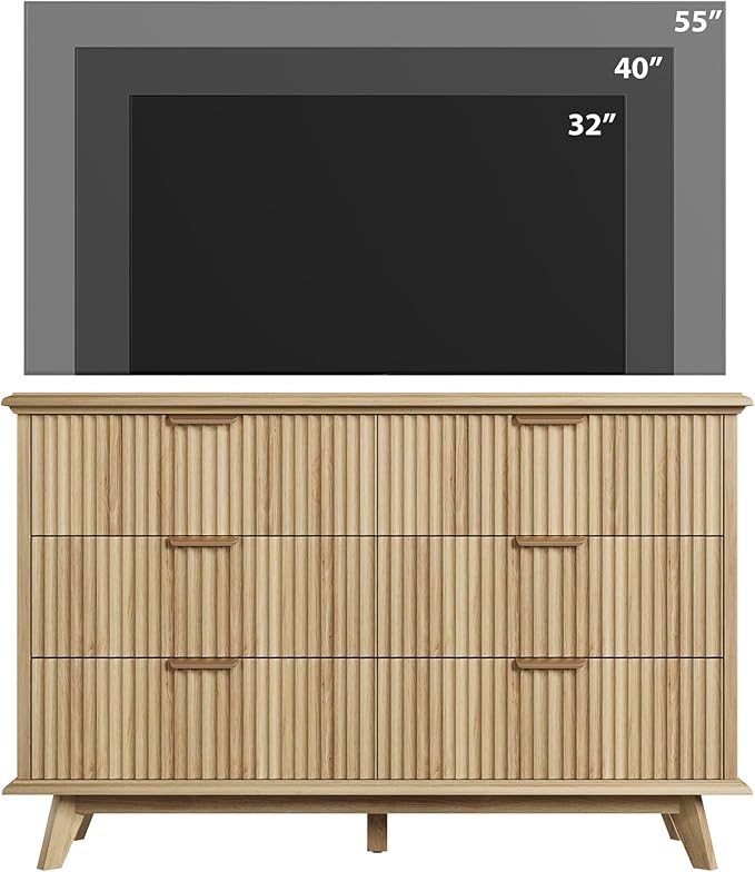 QUW Fluted Dresser for Bedroom with 6 Drawers, 47.2" Wide Modern Chest of Drawers with Metal Handle, Wooden Dresser TV Stand and Closet Clothes Storage Organizer for Living Room, Hallway, Natural Oak-Ruum Studio Home