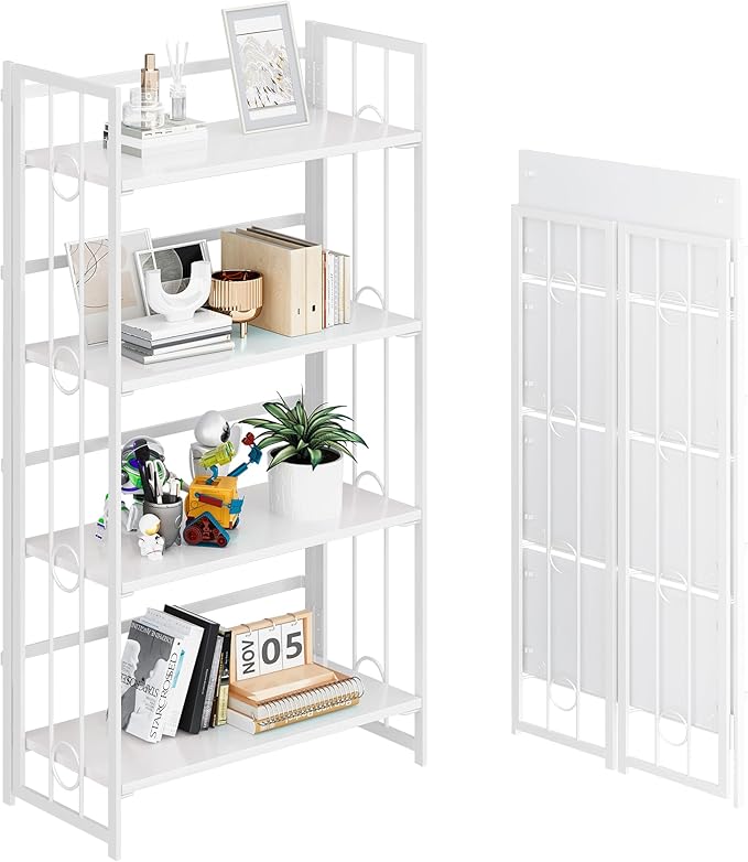 4NM No Assembly 4 Tiers Folding Bookshelf, 47.2" H Foldable Storage Shelves Vintage Bookcase Standing Racks Study Organizer Home Office - All White-Ruum Studio Home