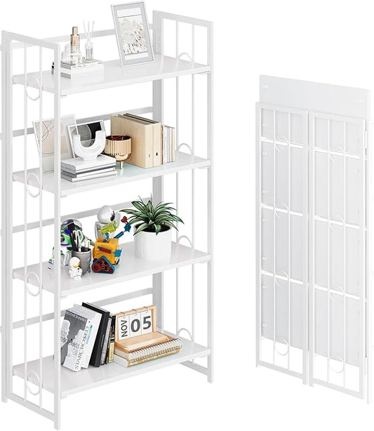 4NM No Assembly 4 Tiers Folding Bookshelf, 47.2" H Foldable Storage Shelves Vintage Bookcase Standing Racks Study Organizer Home Office - All White-Ruum Studio Home