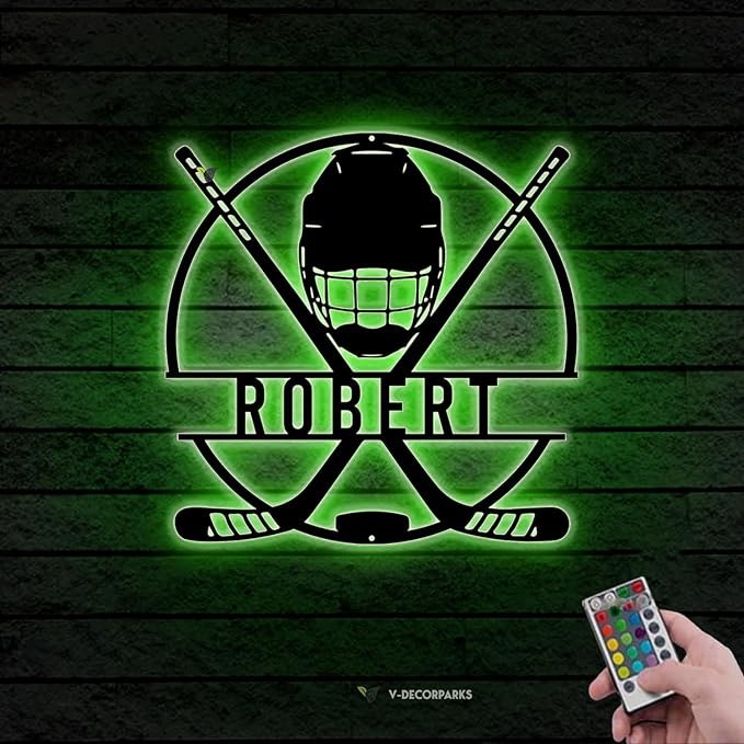 Hockey LED Metal Wall Art – Sports Custom Name Sign Light Up with Helmet and Sticks, Ice Hockey Room Decor for Players, Fans, Coaches-Ruum Studio Home